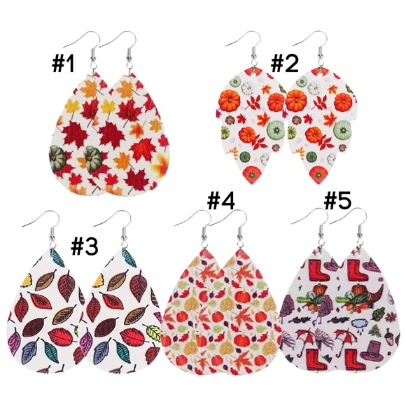 Autumn Earrings Faux Leather Leaves Turkey Rain Pilgrim Thanksgiving Dangle NEW - Picture 3 of 4